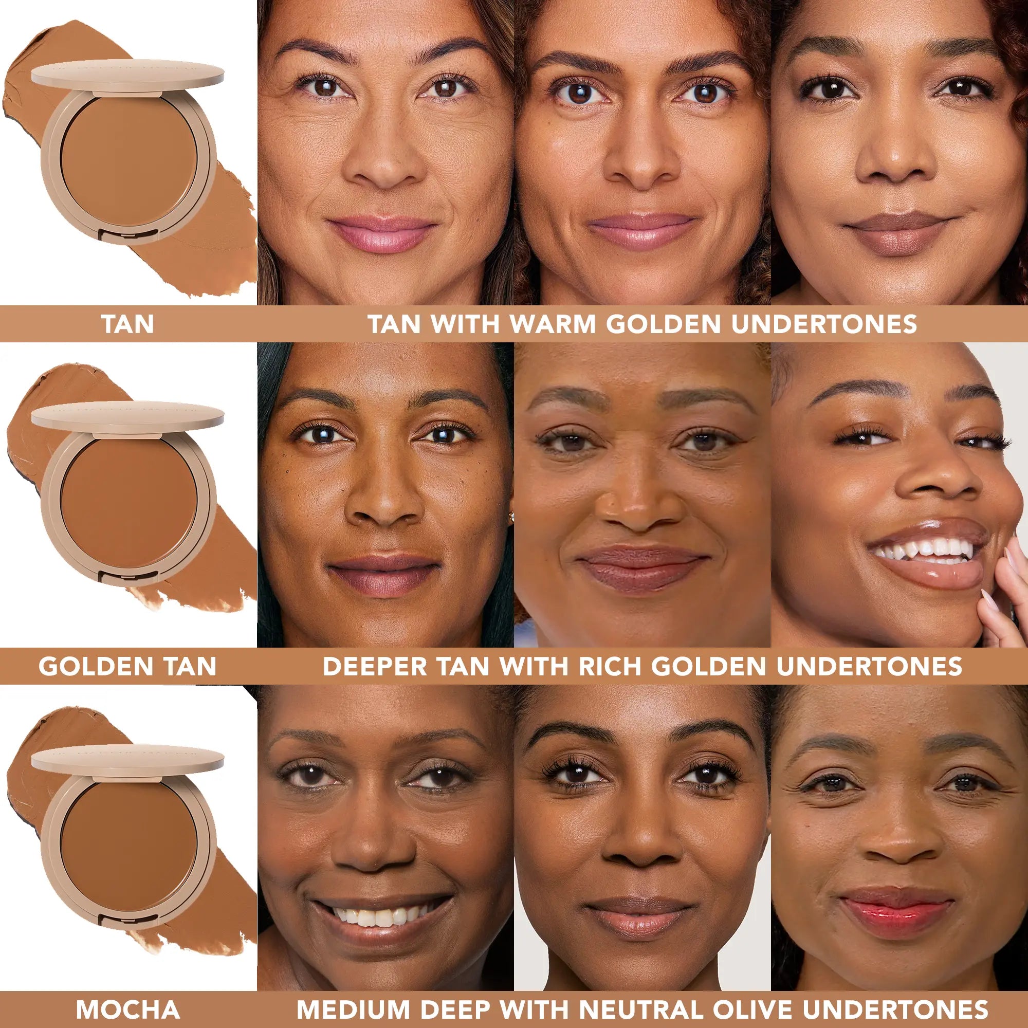Shade chart of No Makeup Makeup Foundation Shades with Model examples - Tan