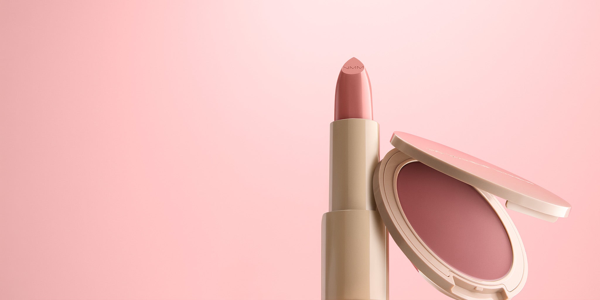No Makeup Makeup – Nude rose Creme Classic Lipsticks and a blush on a pink background, natural minimal makeup